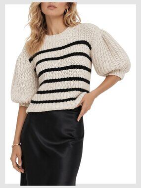 Cropped Puff Sleeve Striped Knit Sweater Cream Black Size M